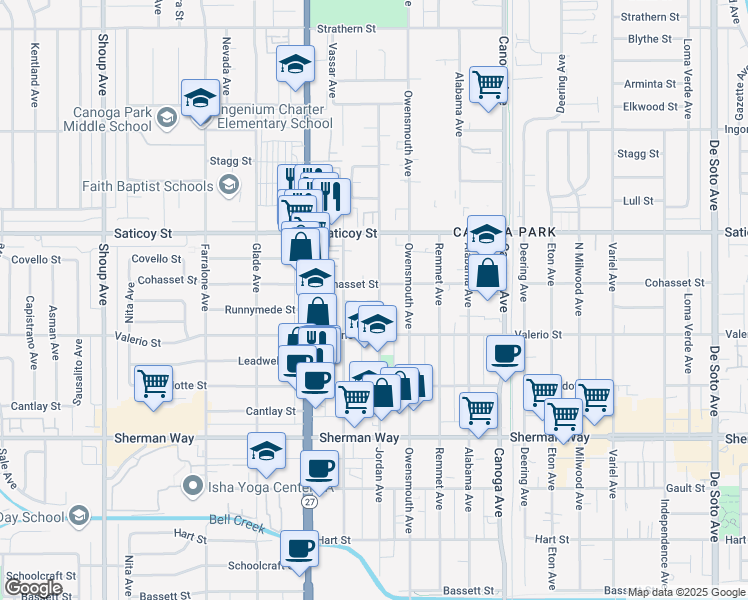 map of restaurants, bars, coffee shops, grocery stores, and more near 21820 Cohasset Street in Los Angeles