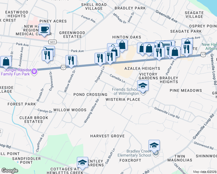 map of restaurants, bars, coffee shops, grocery stores, and more near 5724 Wisteria Ln in Wilmington