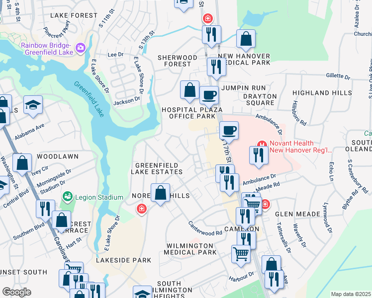 map of restaurants, bars, coffee shops, grocery stores, and more near 17 Cypress Grove Drive in Wilmington