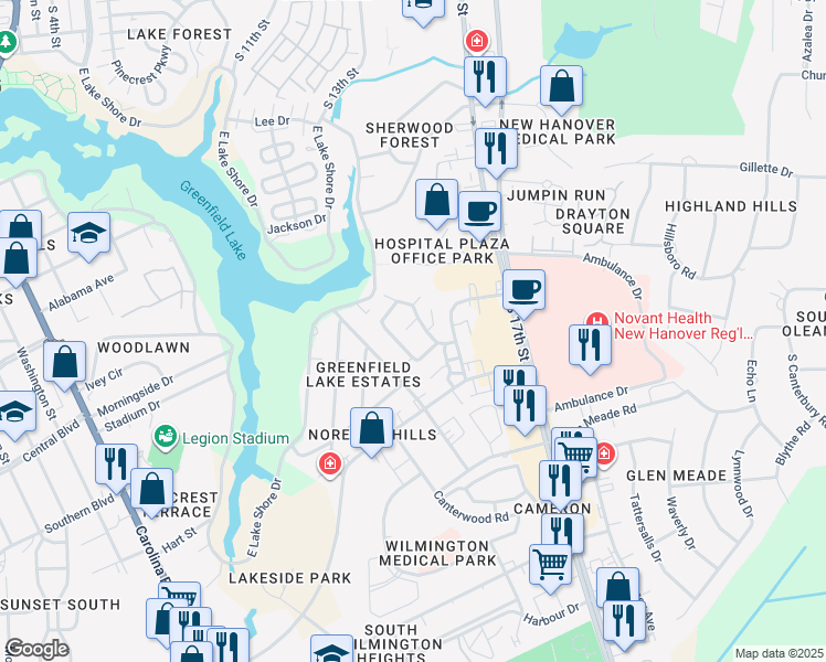 map of restaurants, bars, coffee shops, grocery stores, and more near 17 Cypress Grove Drive in Wilmington