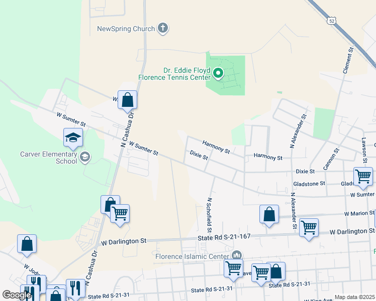 map of restaurants, bars, coffee shops, grocery stores, and more near 1323 Dixie Street in Florence