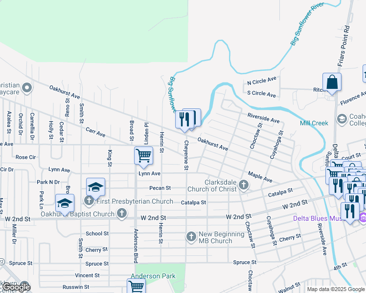 map of restaurants, bars, coffee shops, grocery stores, and more near 1514 Ronald Ct in Clarksdale