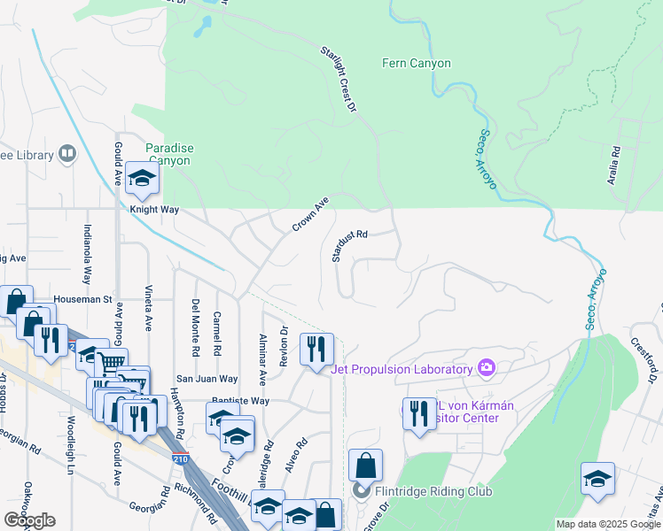 map of restaurants, bars, coffee shops, grocery stores, and more near 5543 Stardust Road in La Cañada Flintridge