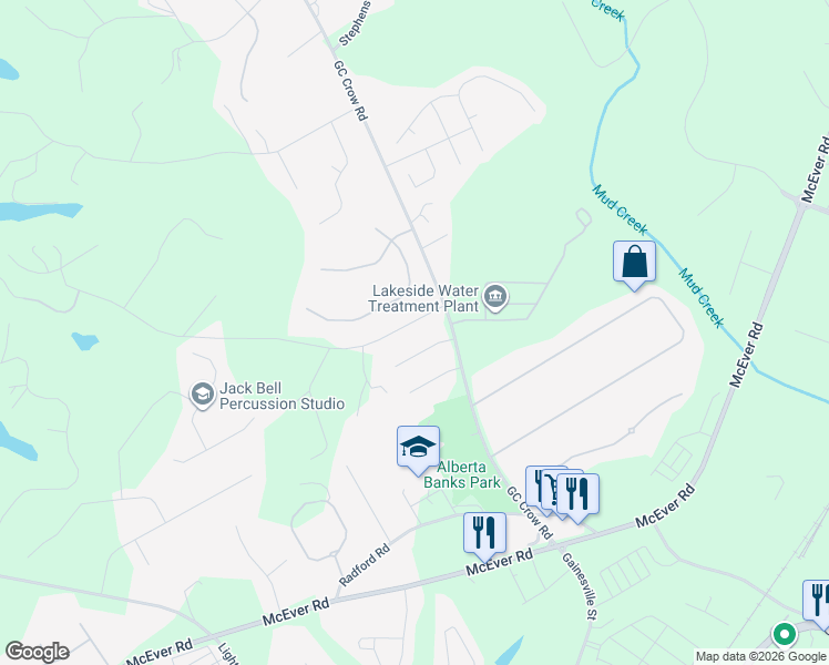 map of restaurants, bars, coffee shops, grocery stores, and more near 5671 Conner Road in Flowery Branch