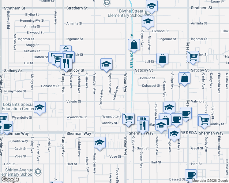map of restaurants, bars, coffee shops, grocery stores, and more near 7437 Topeka Drive in Los Angeles