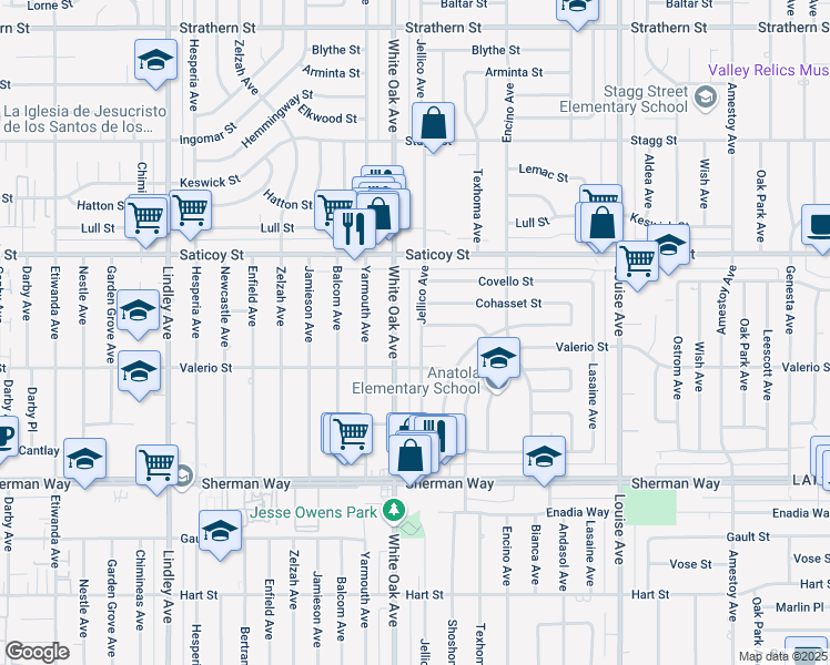 map of restaurants, bars, coffee shops, grocery stores, and more near 7437 Jellico Avenue in Los Angeles