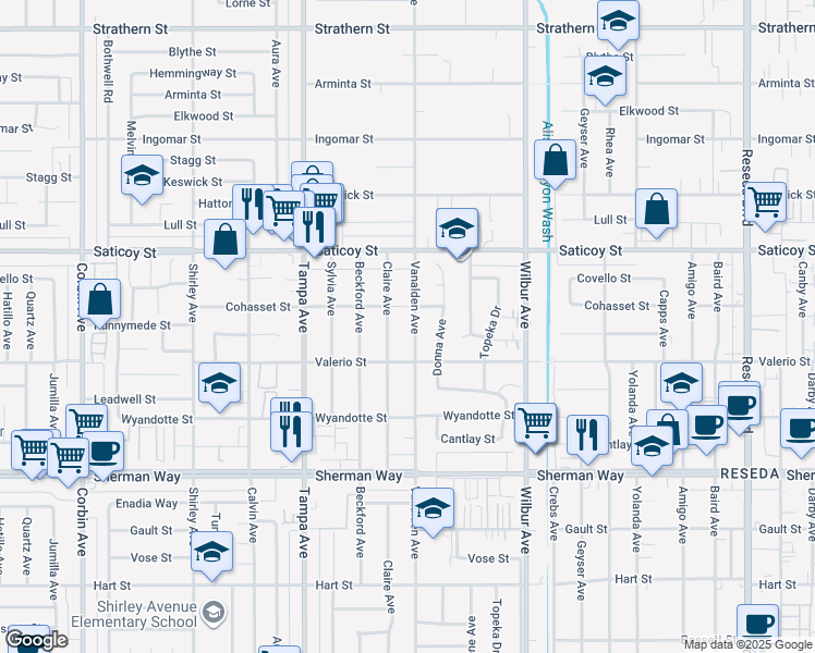 map of restaurants, bars, coffee shops, grocery stores, and more near 7445 Vanalden Avenue in Los Angeles
