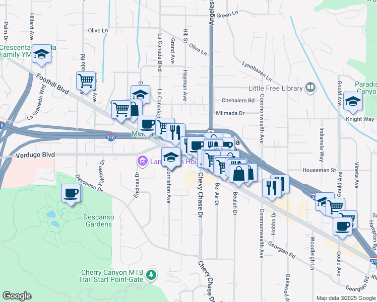 map of restaurants, bars, coffee shops, grocery stores, and more near 1061 Valley Sun Lane in La Cañada Flintridge