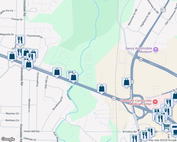 map of restaurants, bars, coffee shops, grocery stores, and more near 111 Lipscomb Circle Southeast in Cartersville