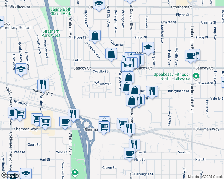 map of restaurants, bars, coffee shops, grocery stores, and more near 12218 Leayn Court in Los Angeles