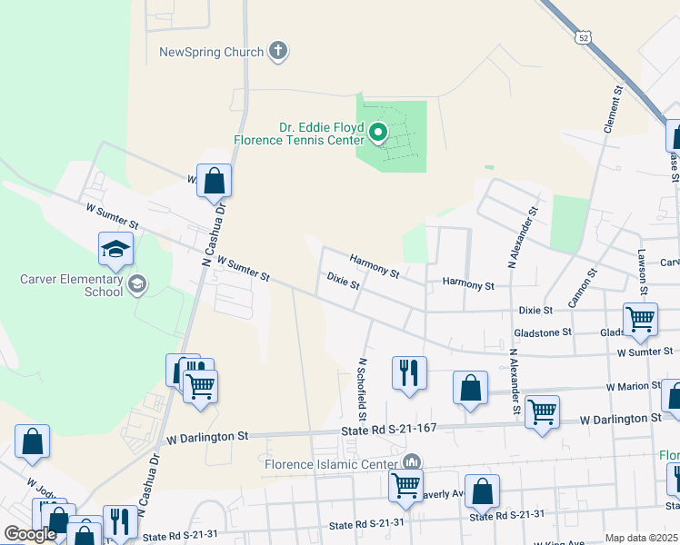 map of restaurants, bars, coffee shops, grocery stores, and more near 1313 Dixie Street in Florence