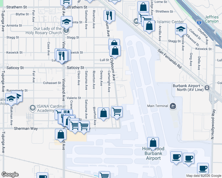 map of restaurants, bars, coffee shops, grocery stores, and more near 7438 Cartwright Ave in Los Angeles