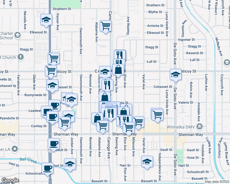map of restaurants, bars, coffee shops, grocery stores, and more near 7443 Canoga Avenue in Los Angeles