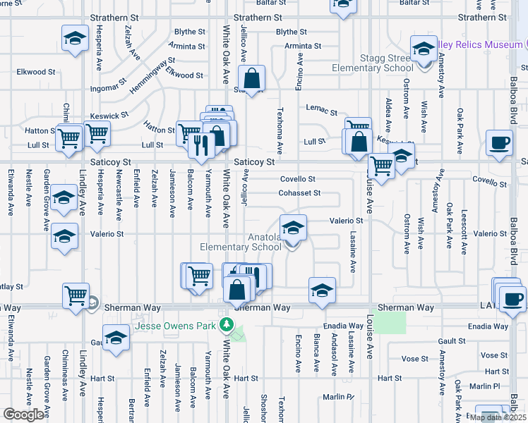 map of restaurants, bars, coffee shops, grocery stores, and more near 17600 Runnymede Street in Los Angeles