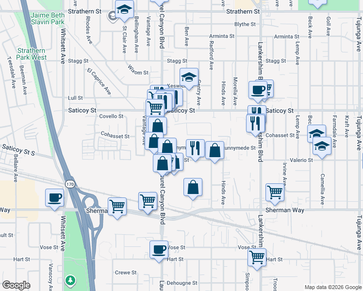 map of restaurants, bars, coffee shops, grocery stores, and more near 12001 Runnymede Street in Los Angeles