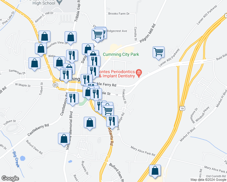 map of restaurants, bars, coffee shops, grocery stores, and more near 309 Pirkle Ferry Road in Cumming