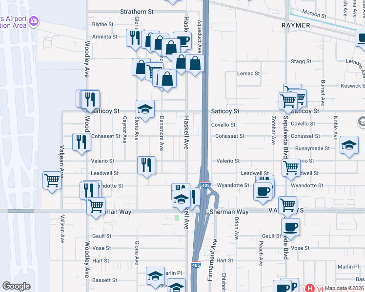 map of restaurants, bars, coffee shops, grocery stores, and more near 7437 Haskell Avenue in Los Angeles