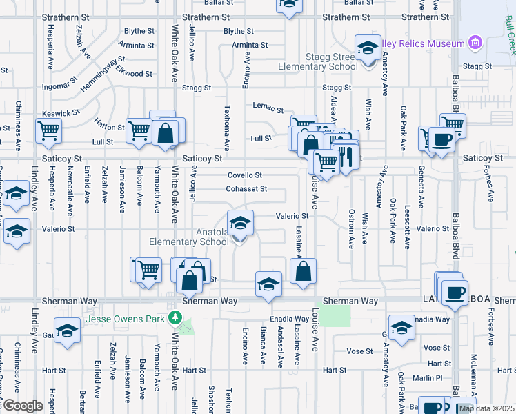 map of restaurants, bars, coffee shops, grocery stores, and more near 17458 Runnymede Street in Los Angeles
