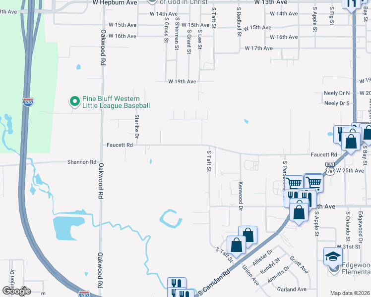 map of restaurants, bars, coffee shops, grocery stores, and more near 5012 Faucett Road in Pine Bluff