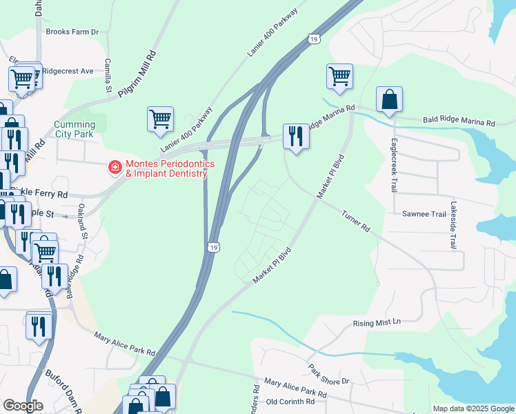 map of restaurants, bars, coffee shops, grocery stores, and more near 1172 Turner Road in Cumming