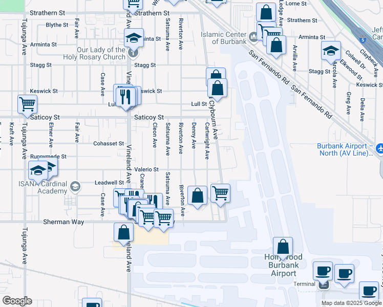 map of restaurants, bars, coffee shops, grocery stores, and more near 7437 Denny Avenue in Los Angeles