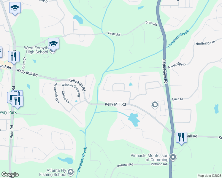 map of restaurants, bars, coffee shops, grocery stores, and more near 4770 Summerhill Drive in Cumming