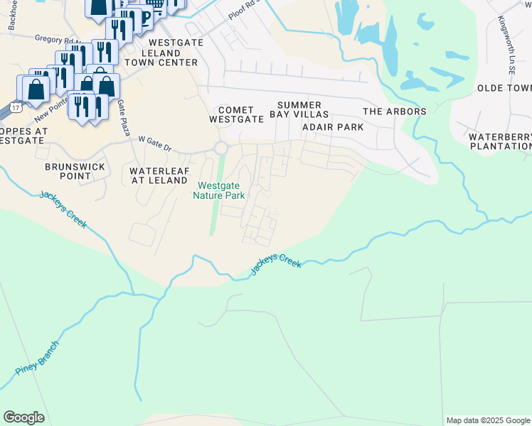 map of restaurants, bars, coffee shops, grocery stores, and more near 7003 Kline Drive in Leland