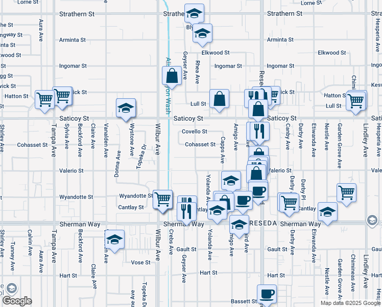 map of restaurants, bars, coffee shops, grocery stores, and more near 18745 Runnymede Street in Los Angeles
