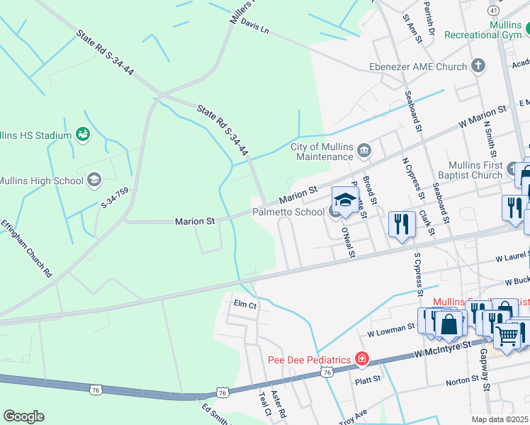 map of restaurants, bars, coffee shops, grocery stores, and more near 3933 Marion Street in Mullins