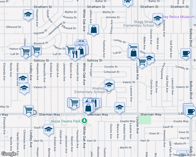 map of restaurants, bars, coffee shops, grocery stores, and more near 17600 Runnymede Street in Los Angeles