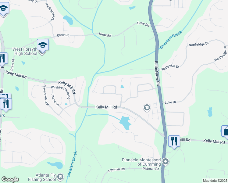 map of restaurants, bars, coffee shops, grocery stores, and more near 4610 Westgate Drive in Cumming