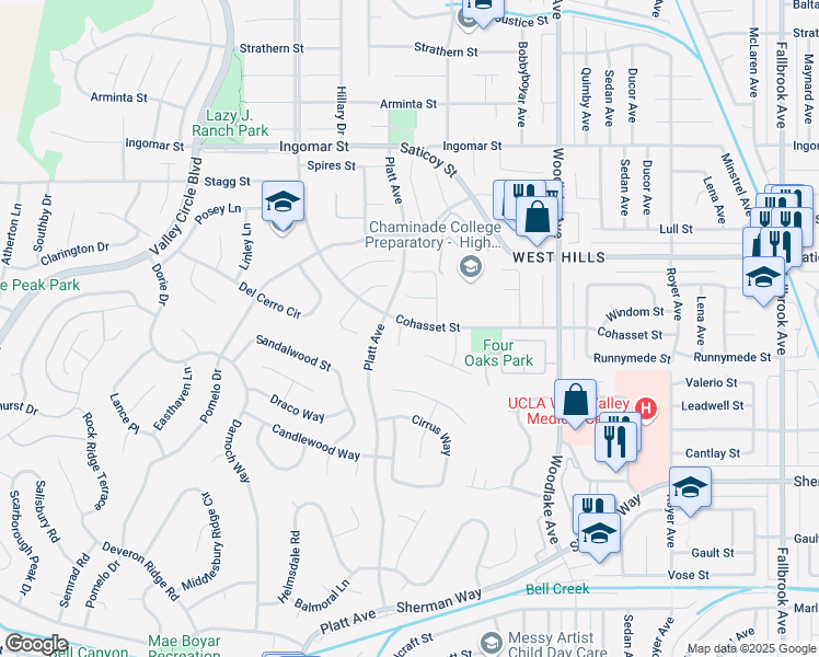 map of restaurants, bars, coffee shops, grocery stores, and more near 7431 Bernadine Avenue in Los Angeles