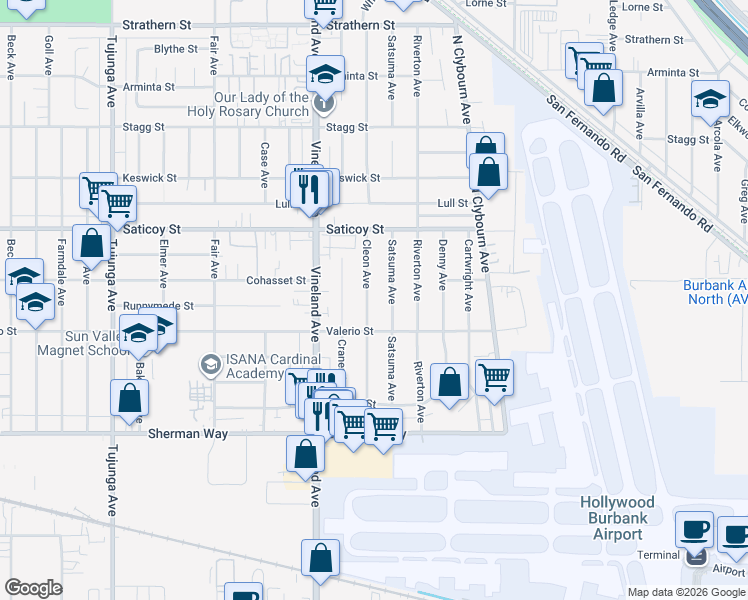 map of restaurants, bars, coffee shops, grocery stores, and more near 7442 Cleon Avenue in Los Angeles