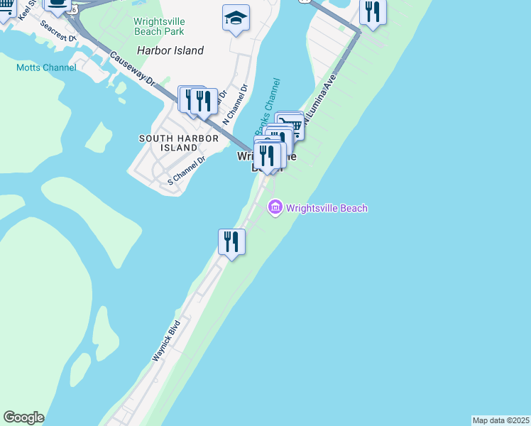 map of restaurants, bars, coffee shops, grocery stores, and more near 119 South Lumina Avenue in Wrightsville Beach