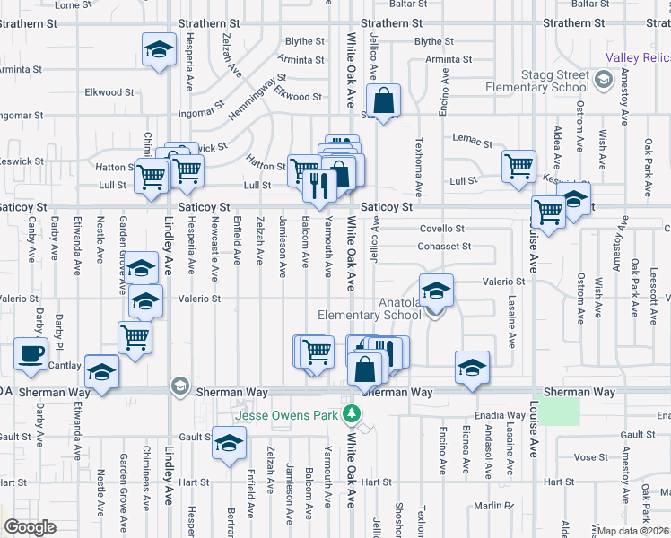 map of restaurants, bars, coffee shops, grocery stores, and more near 7440 Yarmouth Avenue in Los Angeles