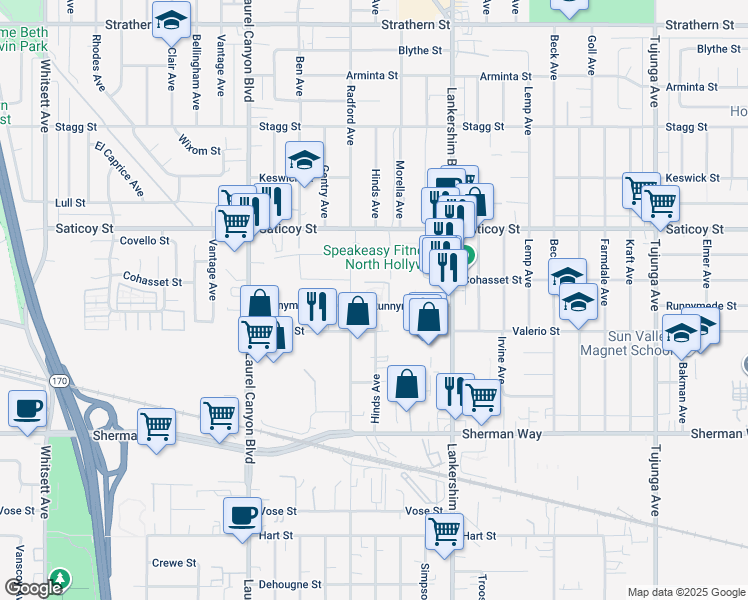 map of restaurants, bars, coffee shops, grocery stores, and more near 11813 Runnymede Street in Los Angeles