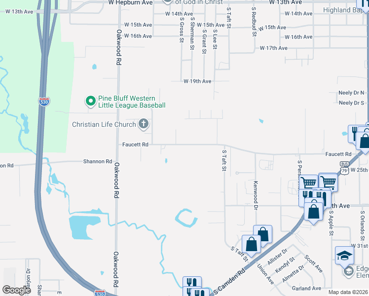 map of restaurants, bars, coffee shops, grocery stores, and more near 5114 Faucett Road in Pine Bluff