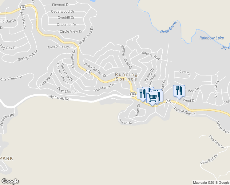 map of restaurants, bars, coffee shops, grocery stores, and more near 31745 Old City Creek Road in Running Springs