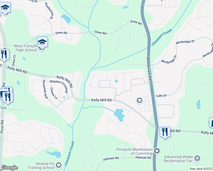 map of restaurants, bars, coffee shops, grocery stores, and more near 4620 Westgate Drive in Cumming