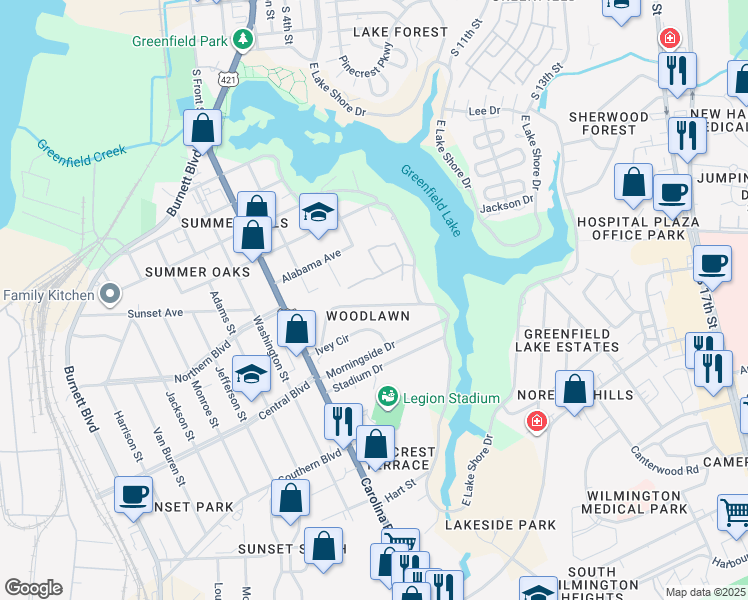 map of restaurants, bars, coffee shops, grocery stores, and more near 725 Woodlawn Avenue in Wilmington