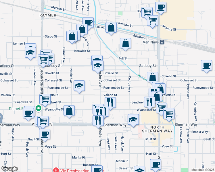 map of restaurants, bars, coffee shops, grocery stores, and more near 14833 Runnymede Street in Los Angeles