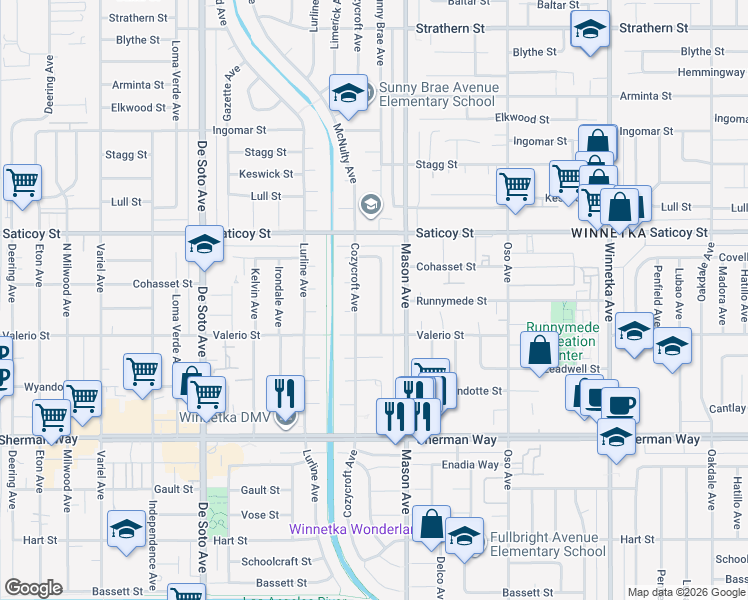 map of restaurants, bars, coffee shops, grocery stores, and more near 7441 Sunny Brae Avenue in Los Angeles