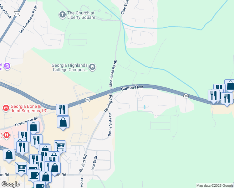 map of restaurants, bars, coffee shops, grocery stores, and more near 5500 Georgia 20 in Cartersville