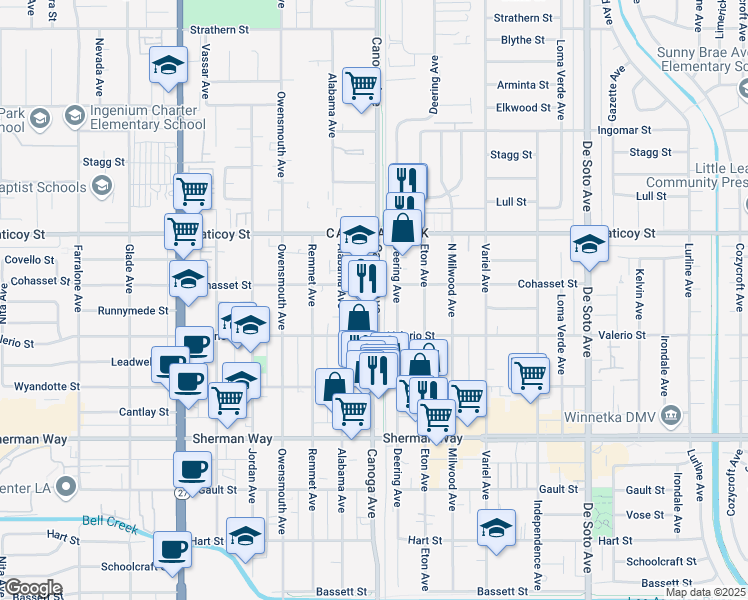 map of restaurants, bars, coffee shops, grocery stores, and more near 7443 Canoga Avenue in Los Angeles