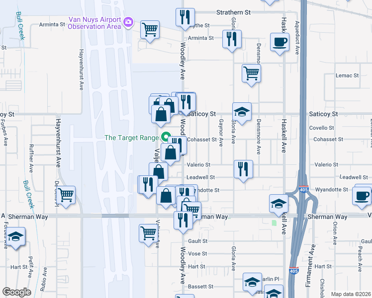 map of restaurants, bars, coffee shops, grocery stores, and more near 7438 Woodley Avenue in Los Angeles