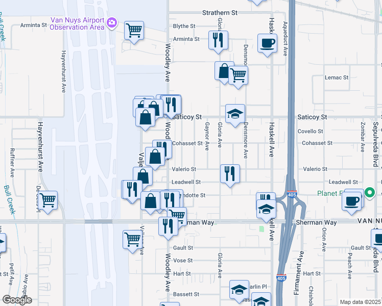 map of restaurants, bars, coffee shops, grocery stores, and more near 7437 Gaviota Avenue in Los Angeles