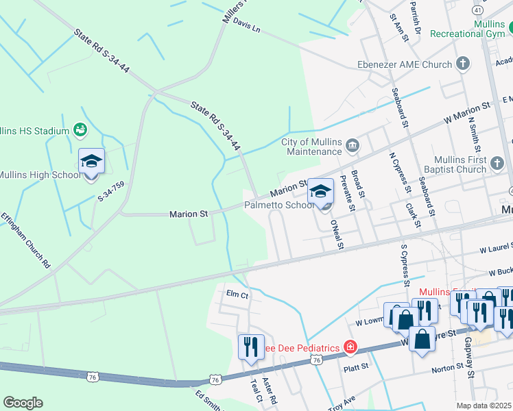 map of restaurants, bars, coffee shops, grocery stores, and more near 3933 Marion Street in Mullins
