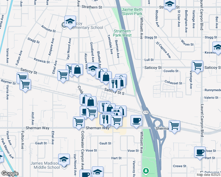 map of restaurants, bars, coffee shops, grocery stores, and more near 7409 Bellaire Avenue in Los Angeles