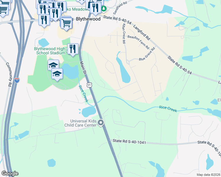 map of restaurants, bars, coffee shops, grocery stores, and more near in Blythewood