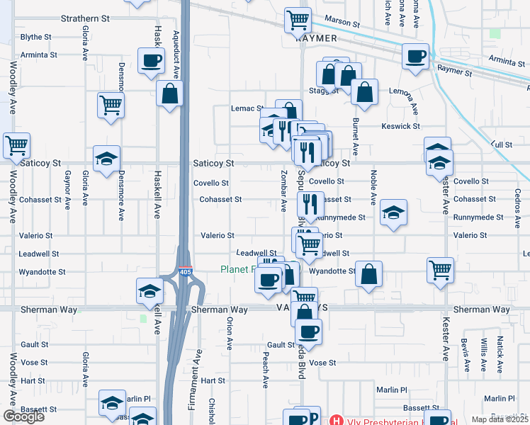 map of restaurants, bars, coffee shops, grocery stores, and more near 15401 Runnymede St in Los Angeles